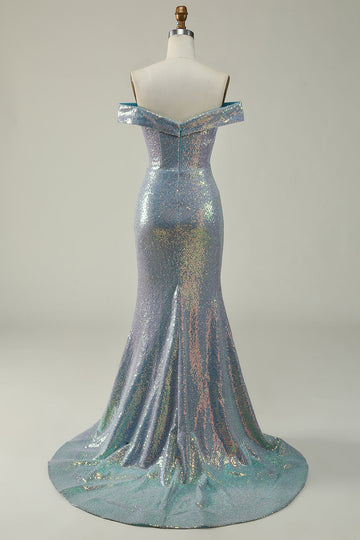 Mermaid Blue Sparkly Off the Shoulder Ball Dress With Slit